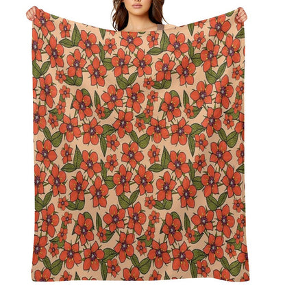 Scarlet Pimpernel Floral Design, Red And Purple Flowers with Green Leaves on A Peach Fuzz Background Easy Care Throw Blanket