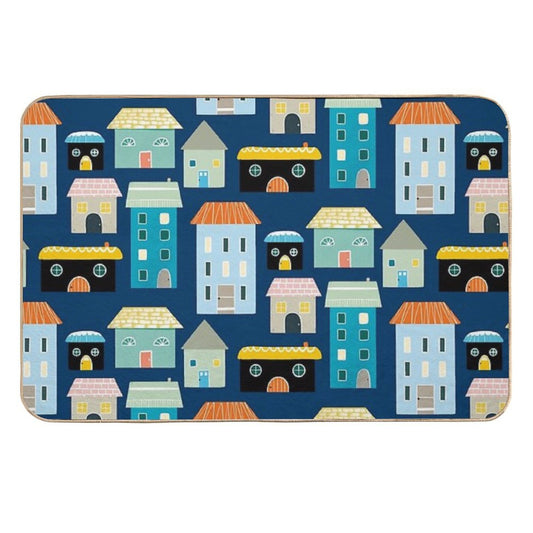 Cute Blue And Yellow House And Home Illustrations  Non-Slip Bath Mat