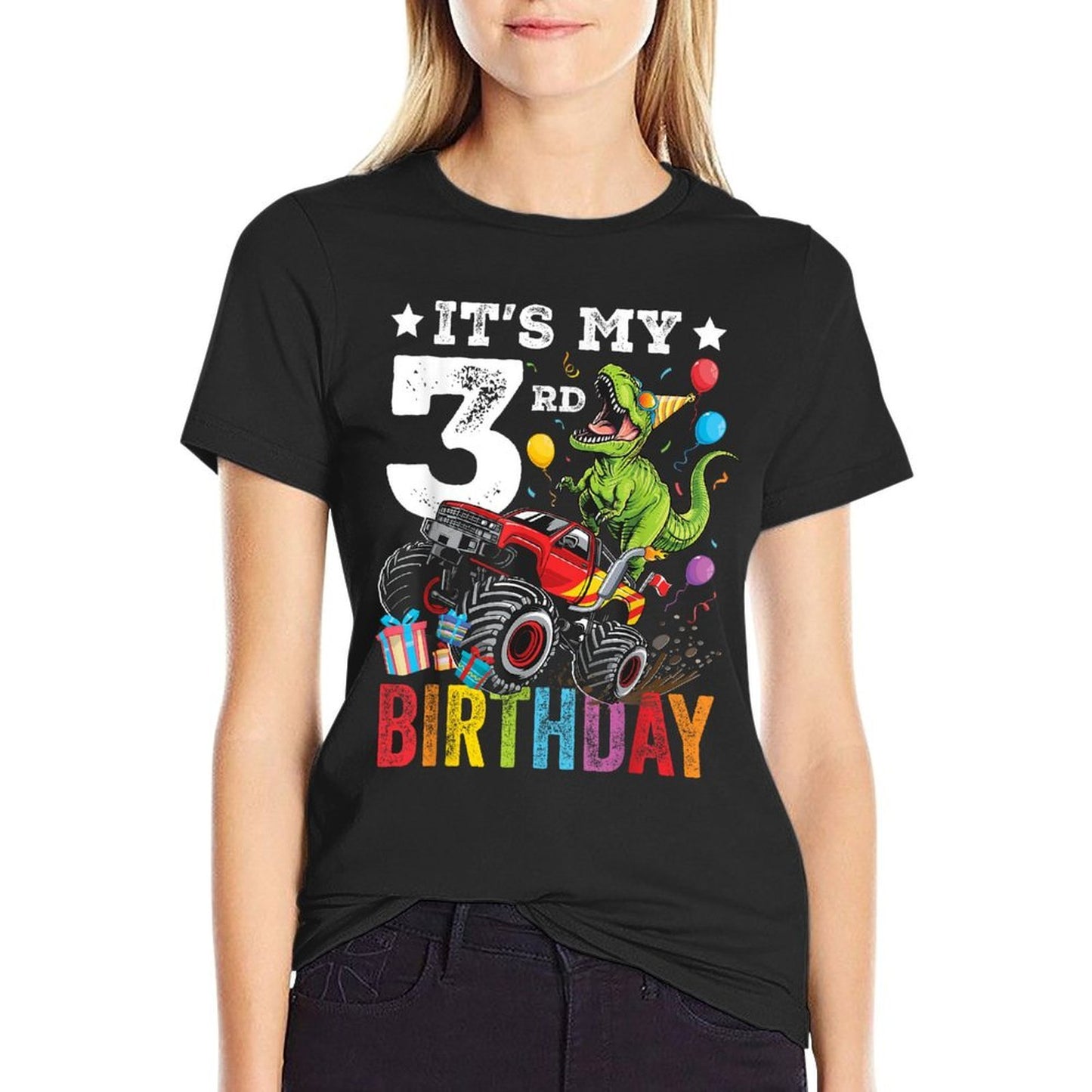 Three 3rd Birthday Dinosaur Monster Truck  Summer-ready Fabric T-Shirt