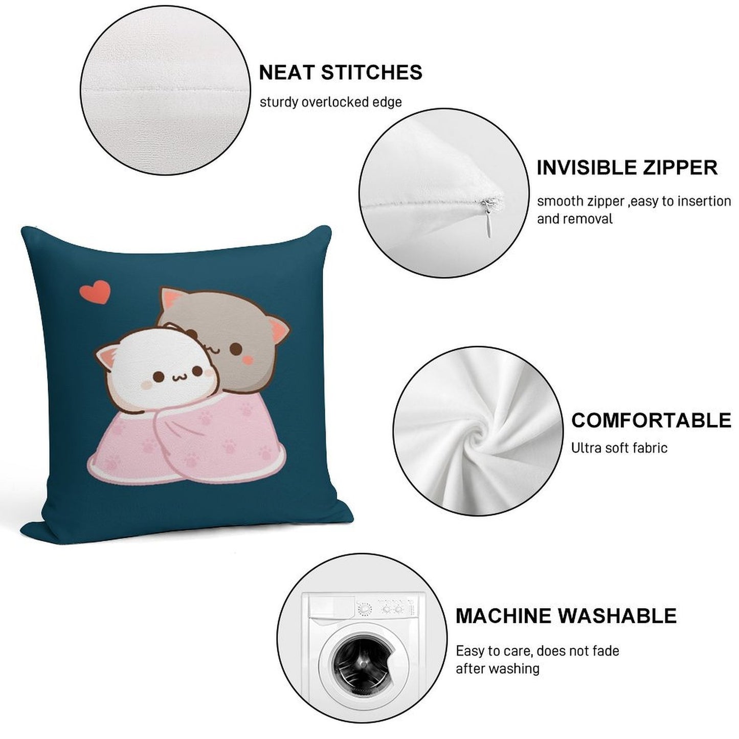 Peach And Goma Cuddling - Mochi Peach Cat Soft Hidden Zipper Throw Pillow