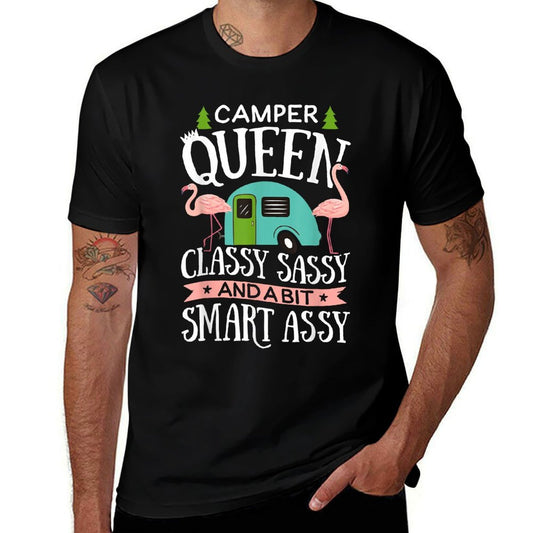 Camper Queen Classy Sassy Smart Funny Women Girls Camping RV  Ribbed Collar T-Shirt