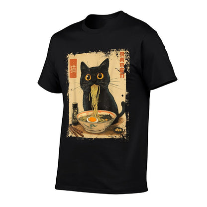Dirhame Funny Japanese Cat Ramen Anime Kawaii Cat Eating Ramen Noodles, Unisex-Adults, Anime Fans, Girls, Young Females, Black,  Tagless Design T-Shirt