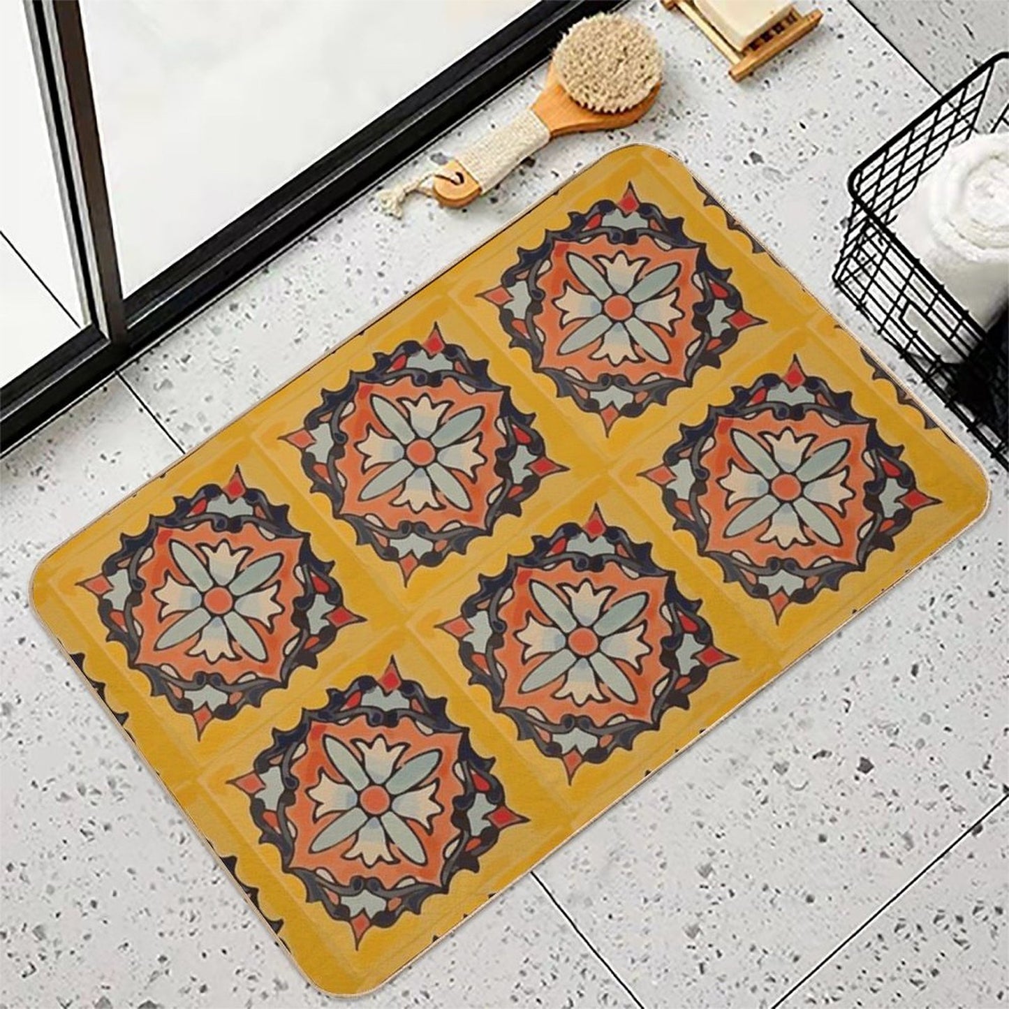 Ocher Flower Retro Mexican Tile Boho Chic Mosaic  Repositionable Bath Mat