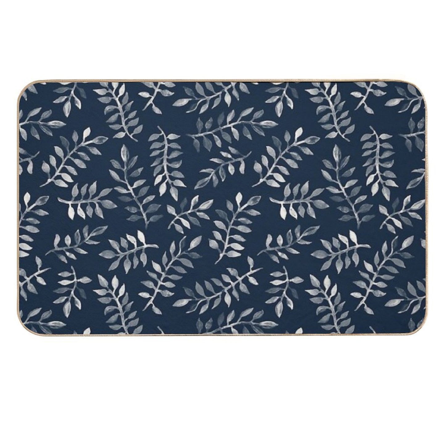White Leaves on Navy - A Hand Painted Pattern  Toxin-Free Bath Mat