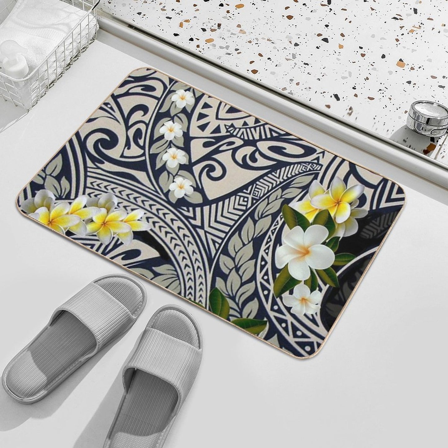 Traditional Hawaiian Tapa And Plumeria  Easy Maintenance Bath Mat