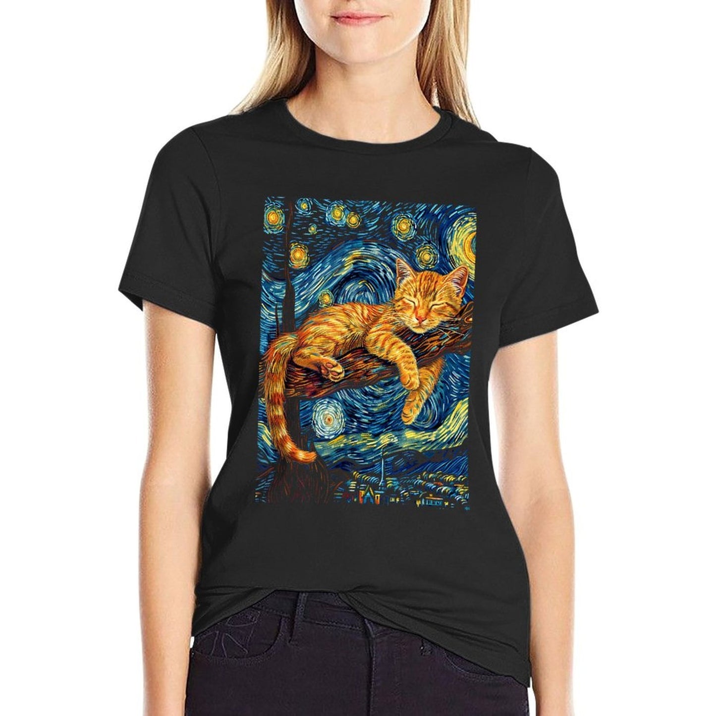 Cat Starry Night Van Gogh Cat For Cat Lover Cat Mom Cat Dad  High-quality Stitching T-Shirt