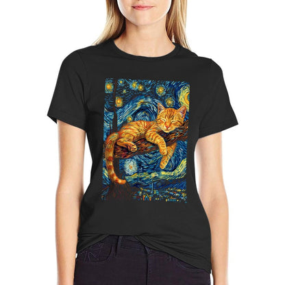 Cat Starry Night Van Gogh Cat For Cat Lover Cat Mom Cat Dad  High-quality Stitching T-Shirt