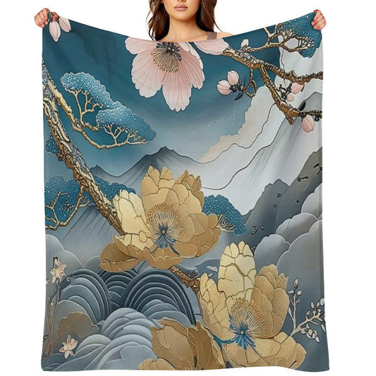 Kintsugi Japanese Floral Gold Botanical Art Anti-pilling Throw Blanket