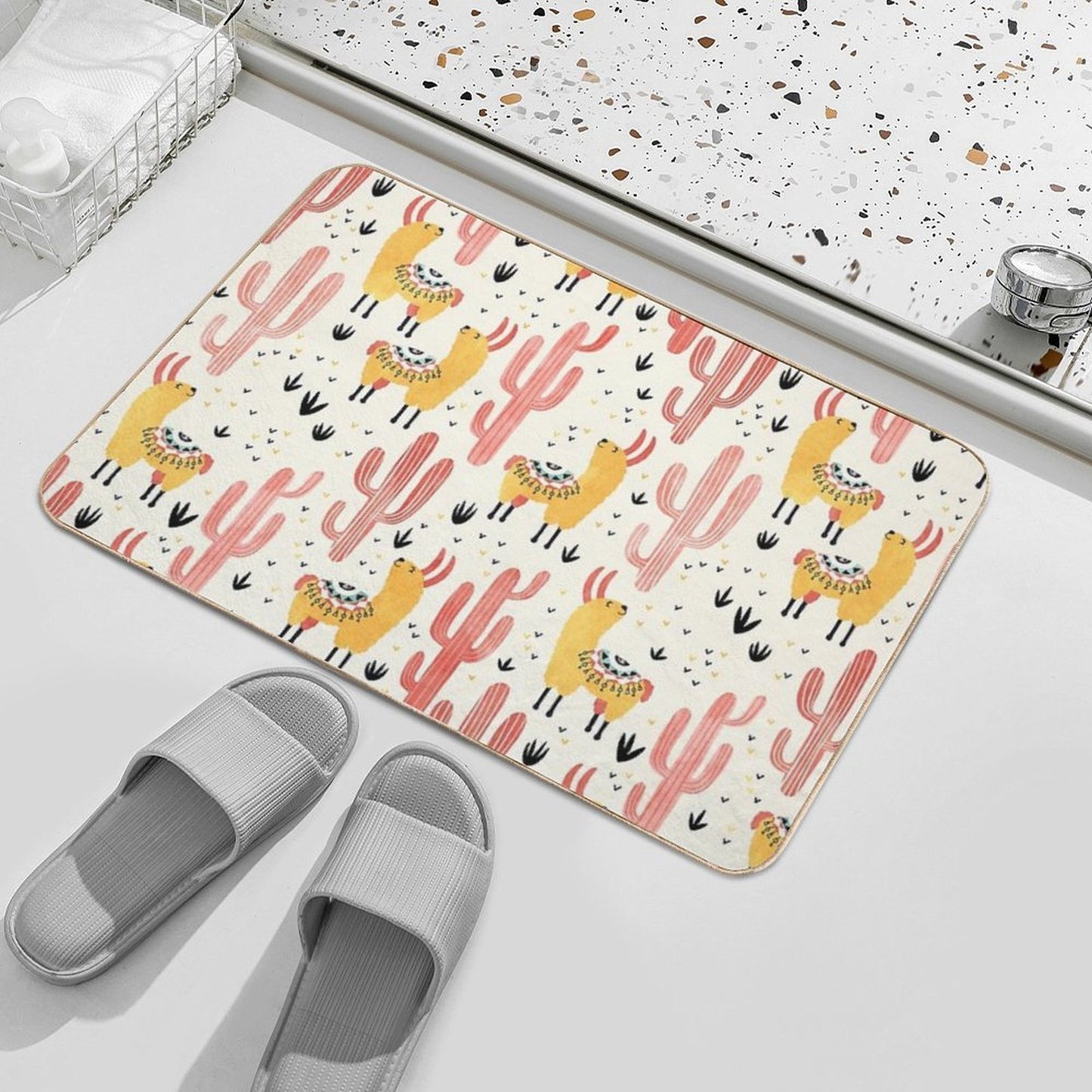 Yellow Llamas Red Cacti  Eco-Friendly Bath Mat