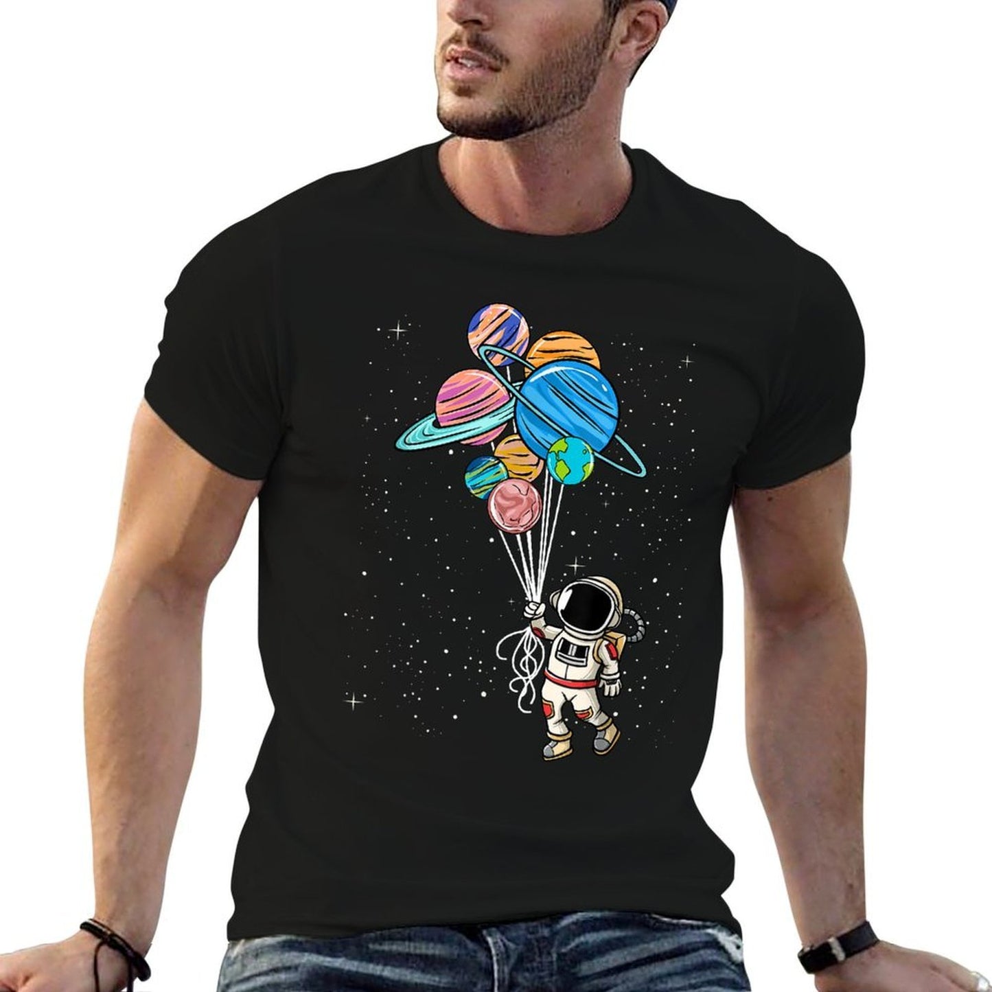 Astronaut Holding Planet Balloons Tshirt BoysGirls STEM Kids  Moisture-wicking T-Shirt