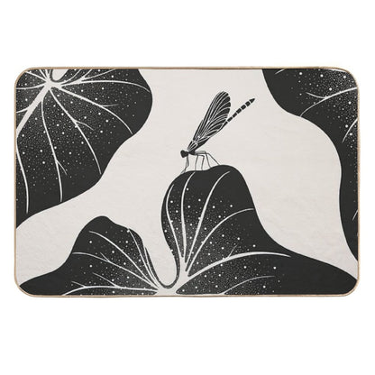 Dragonfly on Leaf with Water Drops, Minimalist Illustration  Easy Maintenance Bath Mat