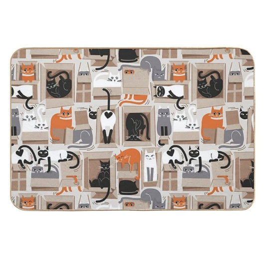 Purfect Feline Architecture  Beige Background Cute Cats in Cardboard Boxes  Rapid-Drying Bath Mat