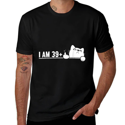 Funny, I Am 39 Plus, Cat Middle Finger 40th Birthday Cat  Polyester Blend T-Shirt