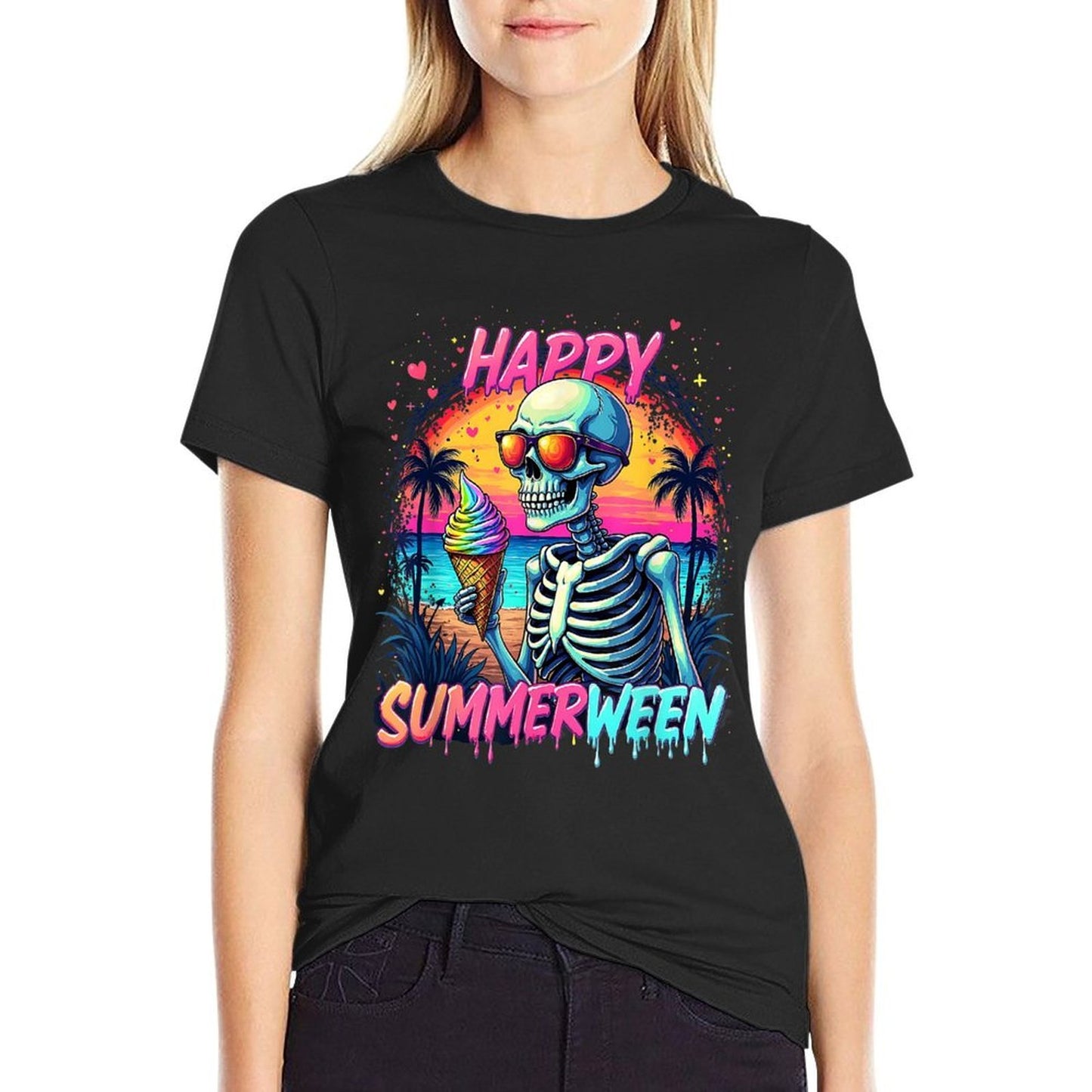 Summer Watermelon Jack-o-lantern Happy Summerween Skeleton  Fade-proof Color T-Shirt