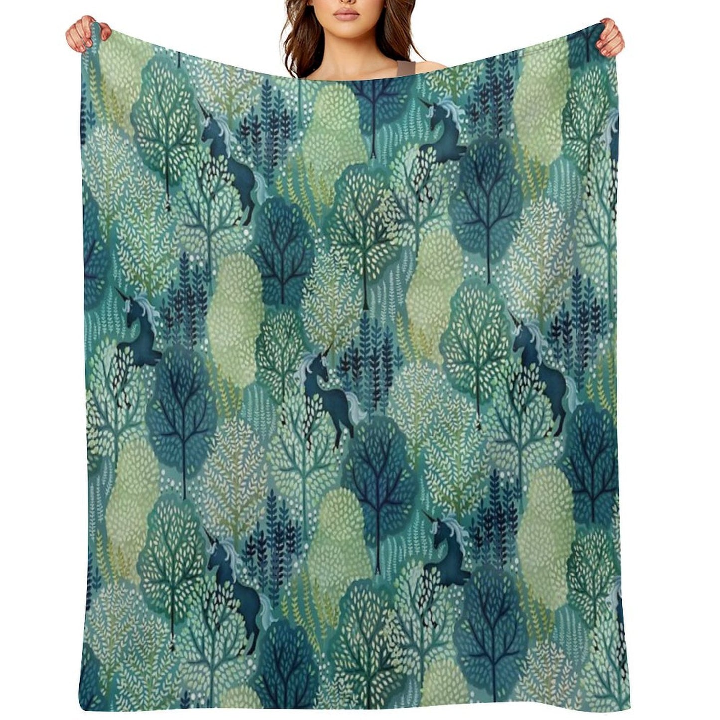 Hidden Unicorn Woods in Shades of Green Watercolor Eco-conscious Throw Blanket