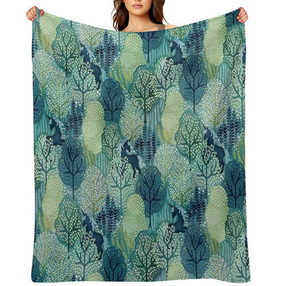 Hidden Unicorn Woods in Shades of Green Watercolor Eco-conscious Throw Blanket