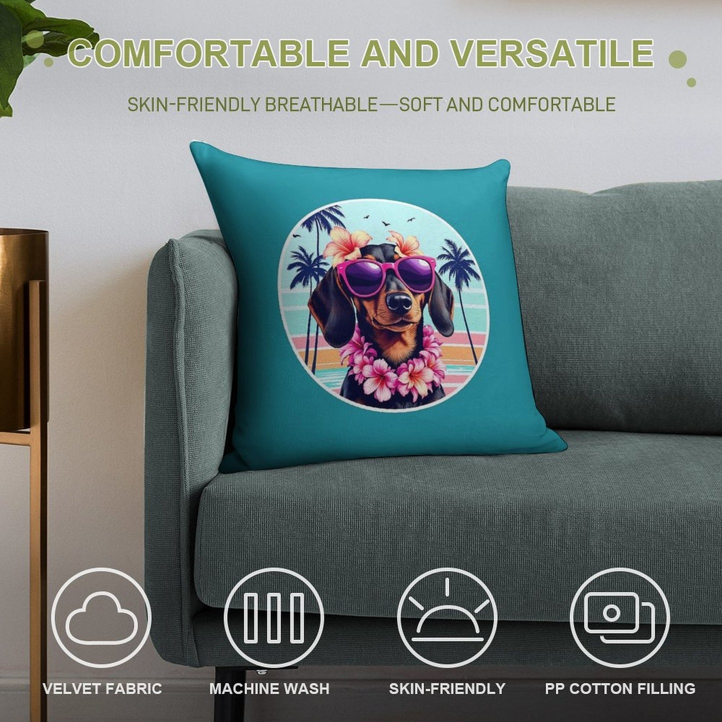 Hawaiian Dachshund Dog Retro Summer Vibes Soft Multiple Sizes Throw Pillow