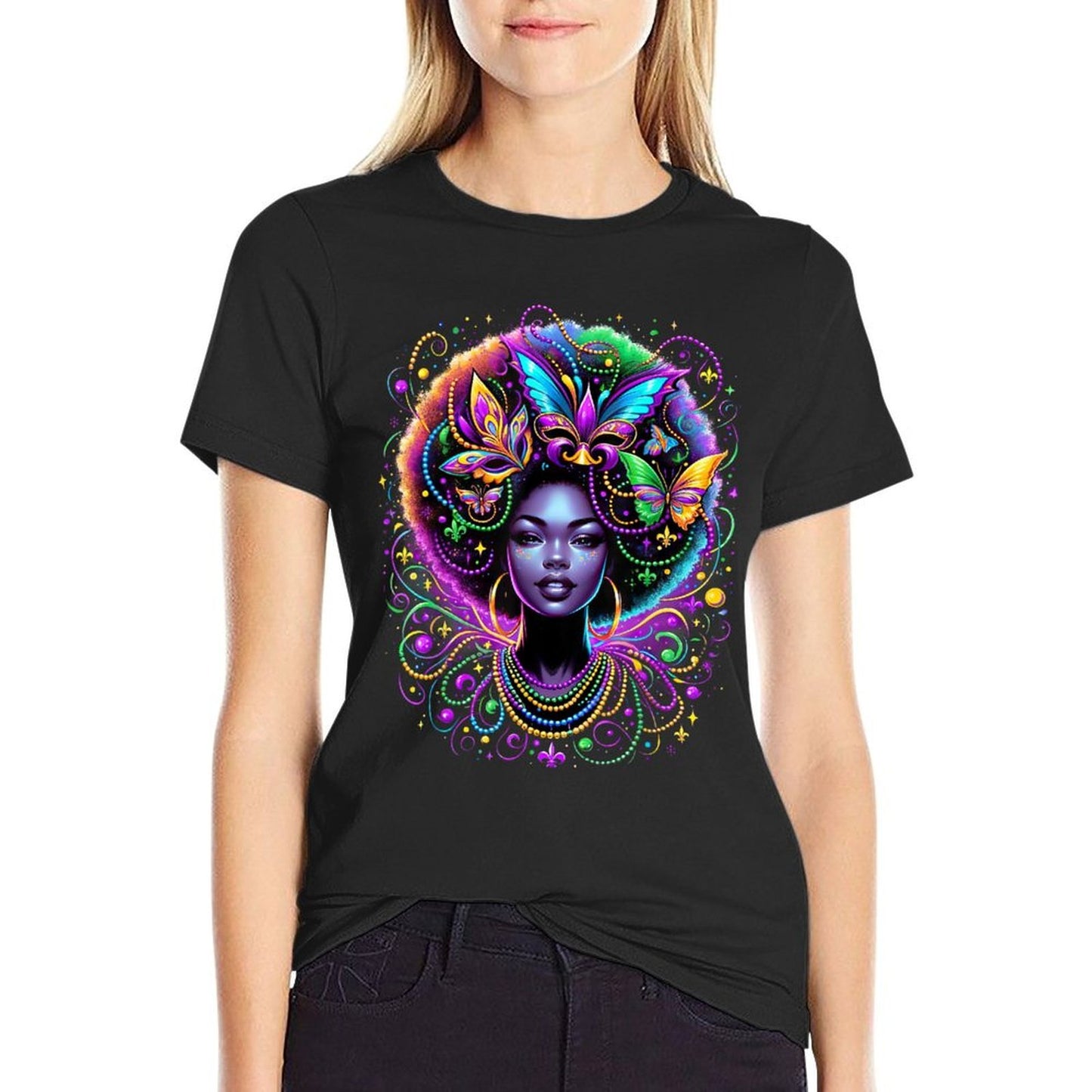 Black Queen Afro African Butterfly Beads Mask Mardi Gras  Breathable T-Shirt