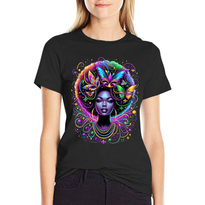 Black Queen Afro African Butterfly Beads Mask Mardi Gras  Breathable T-Shirt