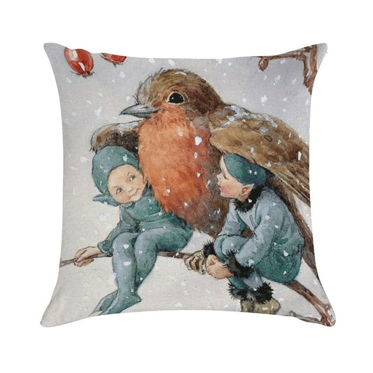 Christmas Elves Sheltering with A Robin - Margaret Tarrant Soft Luxury Feel Throw Pillow