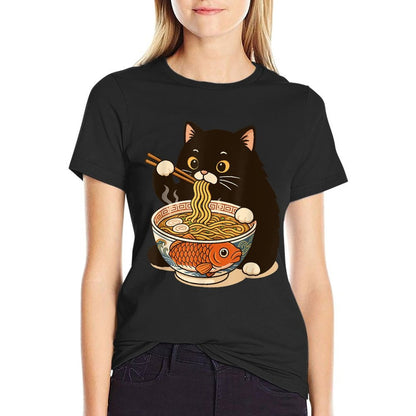 Fat Cat Ramen Anime Meme Eating Noodles Kawaii  High-quality Stitching T-Shirt