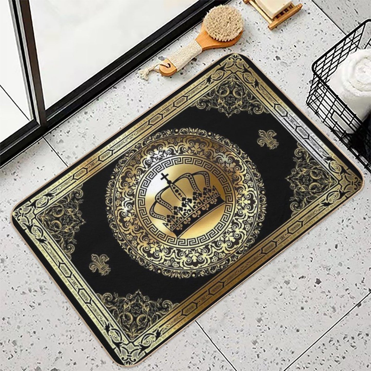 Ornate Baroque Crown Black Gold Greek Key  Multi-Purpose Bath Mat