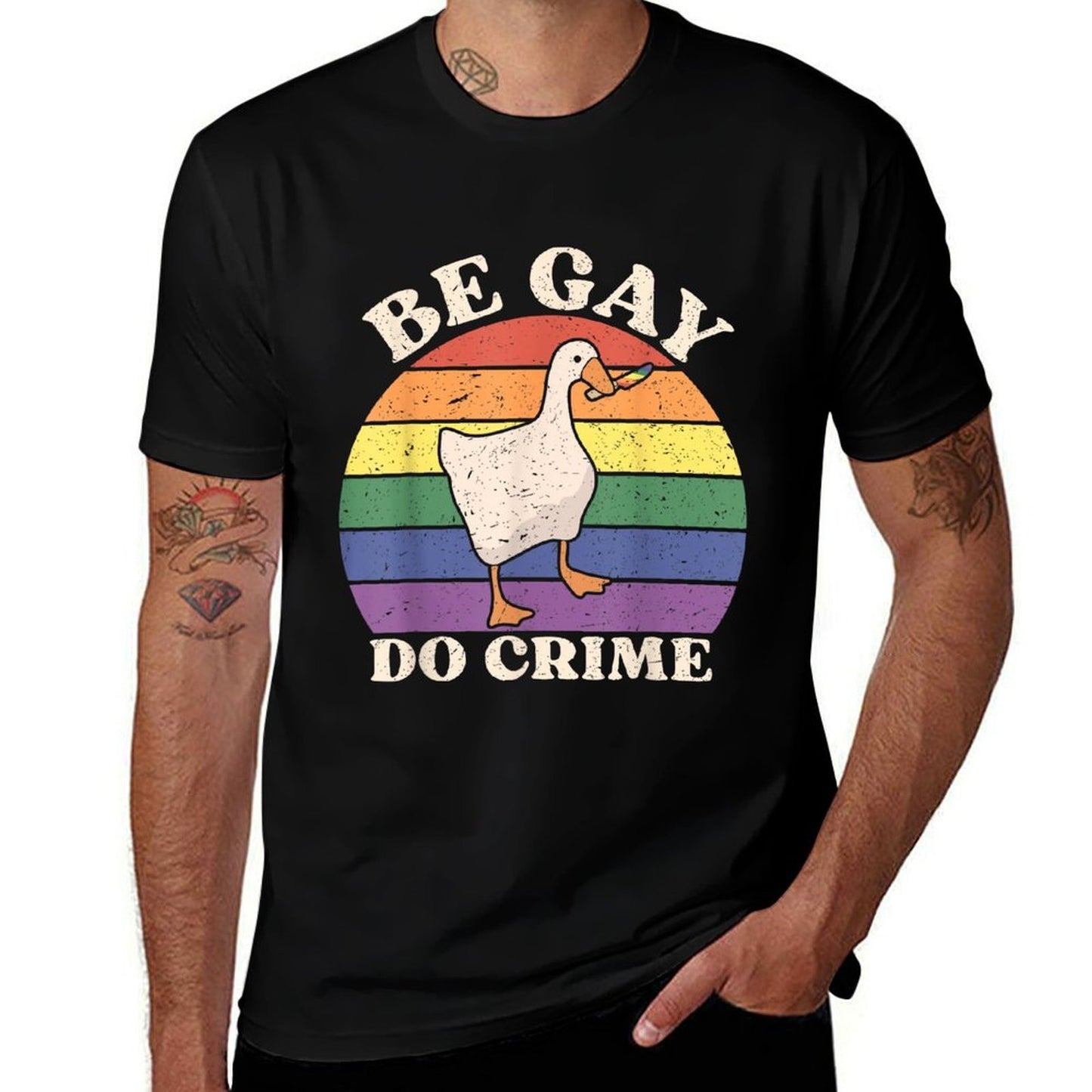 Be Gay Do Crime Funny Meme Goose Rainbow LGBT Lesbian Pride  Fade-proof Color T-Shirt