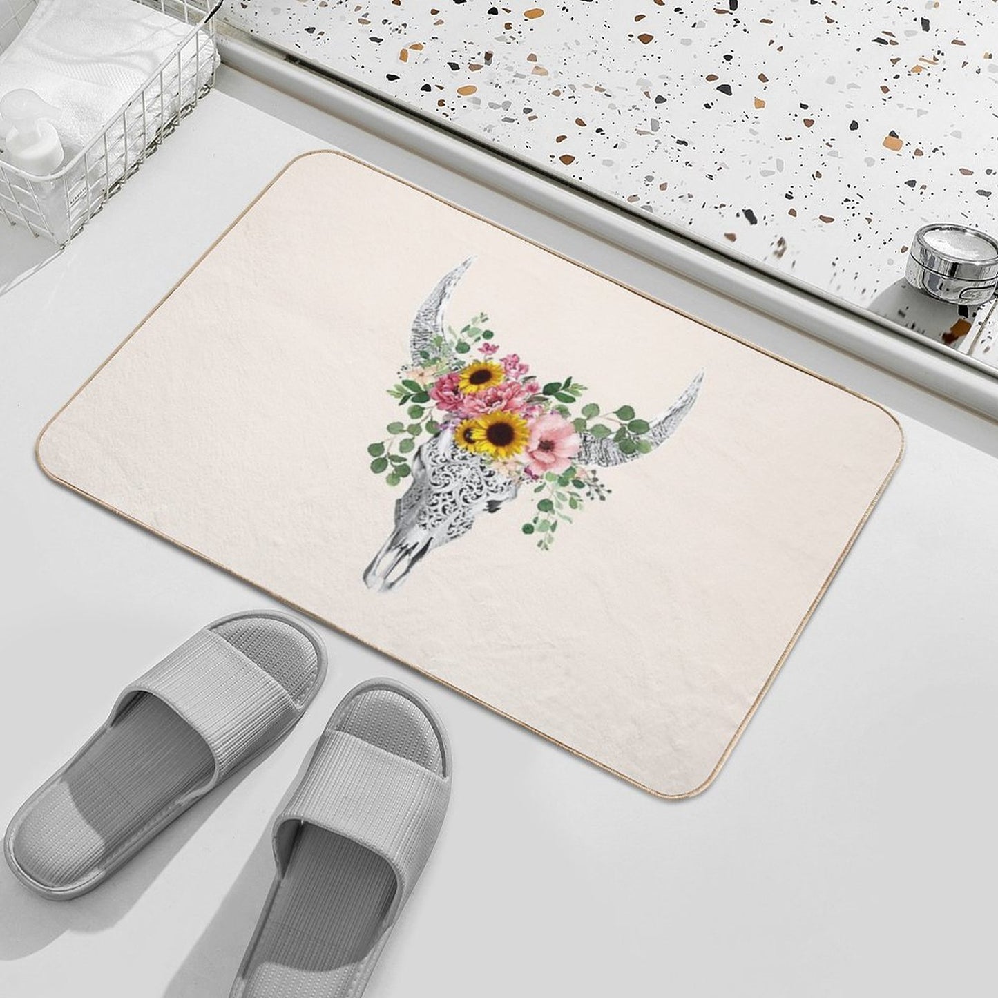 Watercolor Skull And Crown Pink Yellow Rose And Sunflowers  Non-Slip Bath Mat