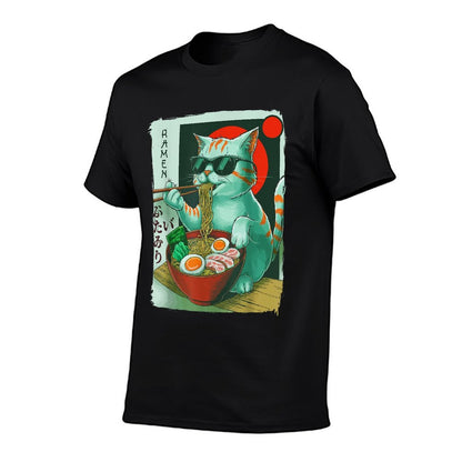 Funny Cat Eating Ramen Graphic Japanese Kawaii Otaku Anime  Rolled Sleeves T-Shirt