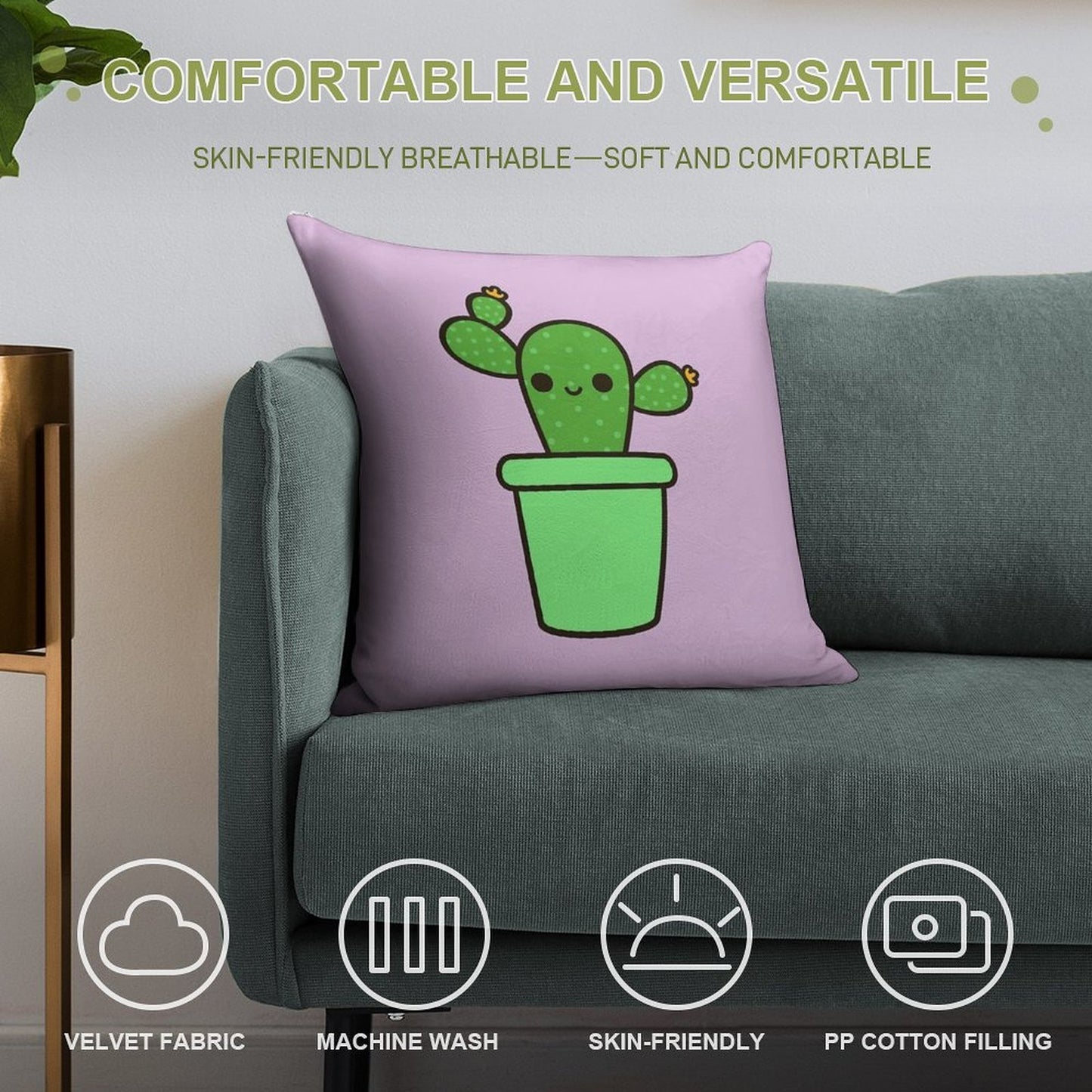 Cute Cactus in Green Pot Soft High-Density Material Throw Pillow