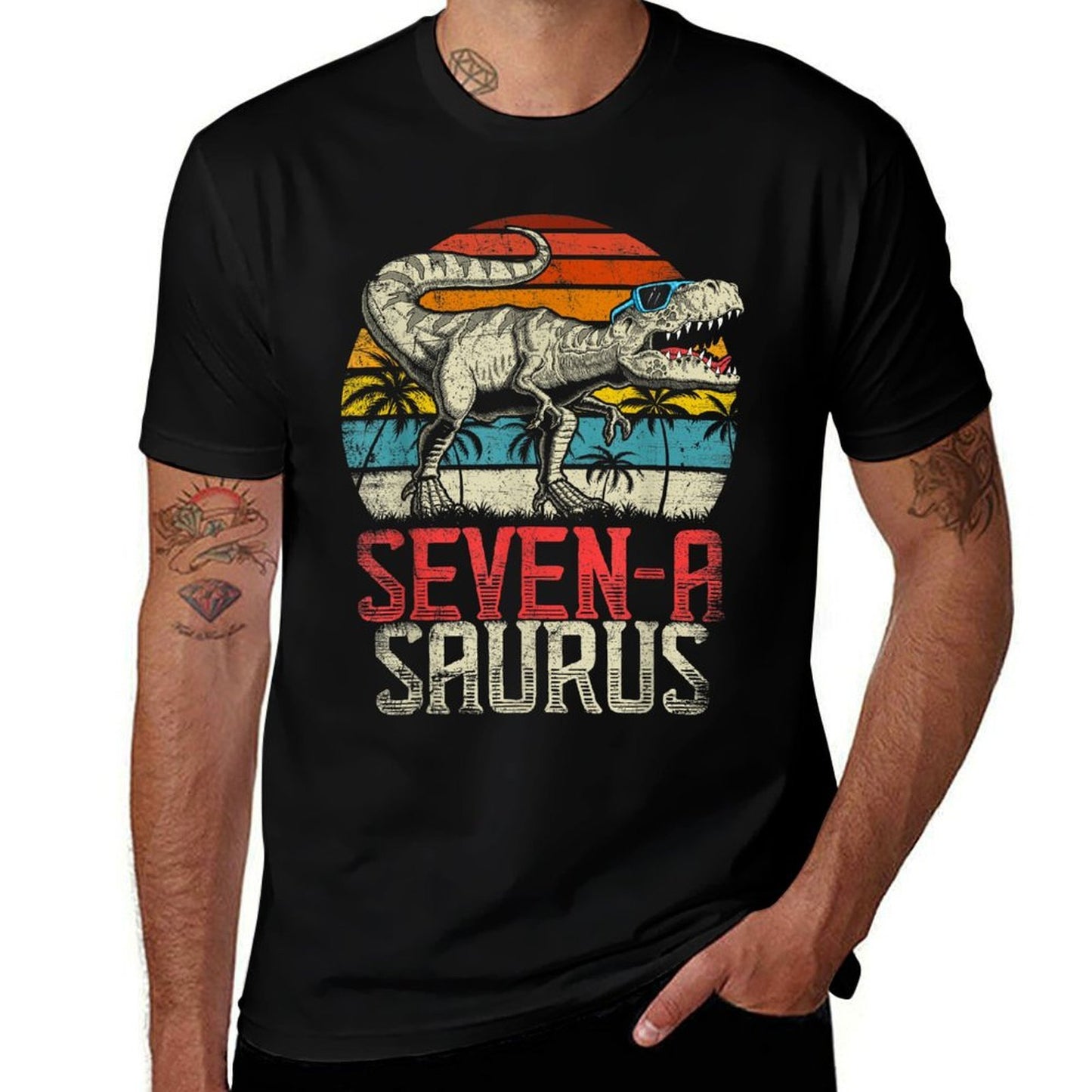 Seven A Saurus 7th Dinosaur Birthday T Rex 7 Years Old Dino  Relaxed-fit T-Shirt