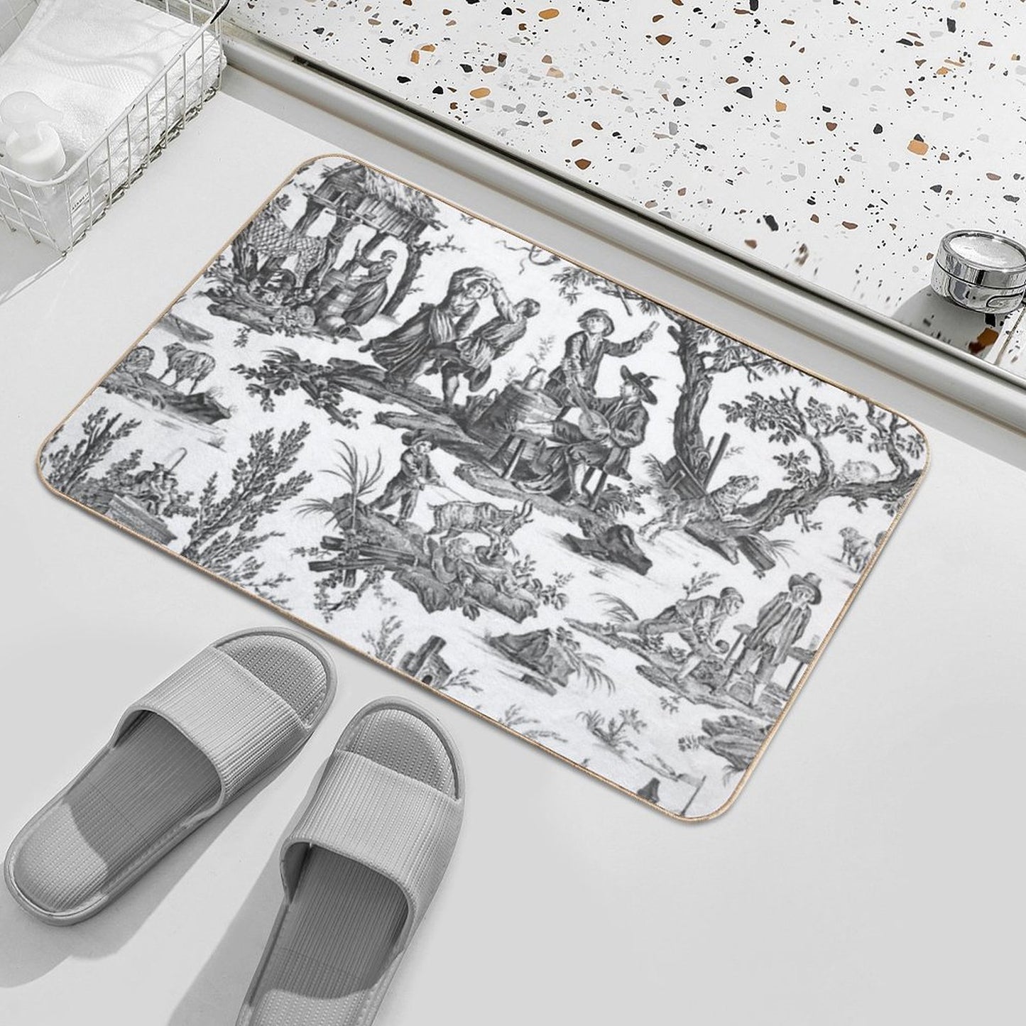 Black And White Toile De Jouy  Easy Maintenance Bath Mat