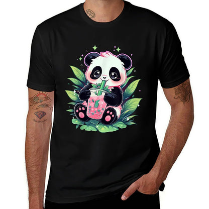 Cute Panda Drinking Bubble Tea Milk Anime Kawaii  Polyester Blend T-Shirt