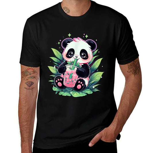 Cute Panda Drinking Bubble Tea Milk Anime Kawaii  Polyester Blend T-Shirt