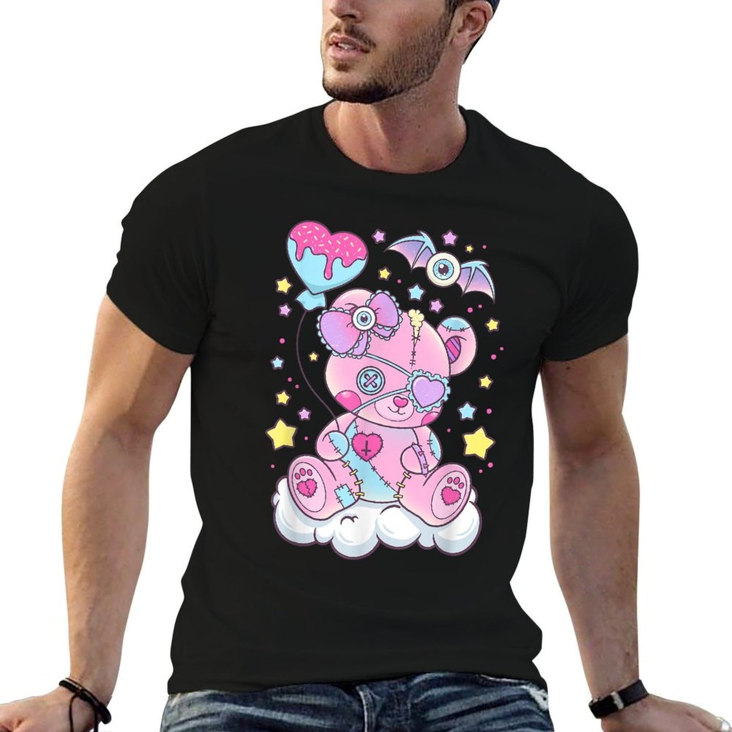 Kawaii Pastel Goth Cute Scary Bear  Rolled Sleeves T-Shirt