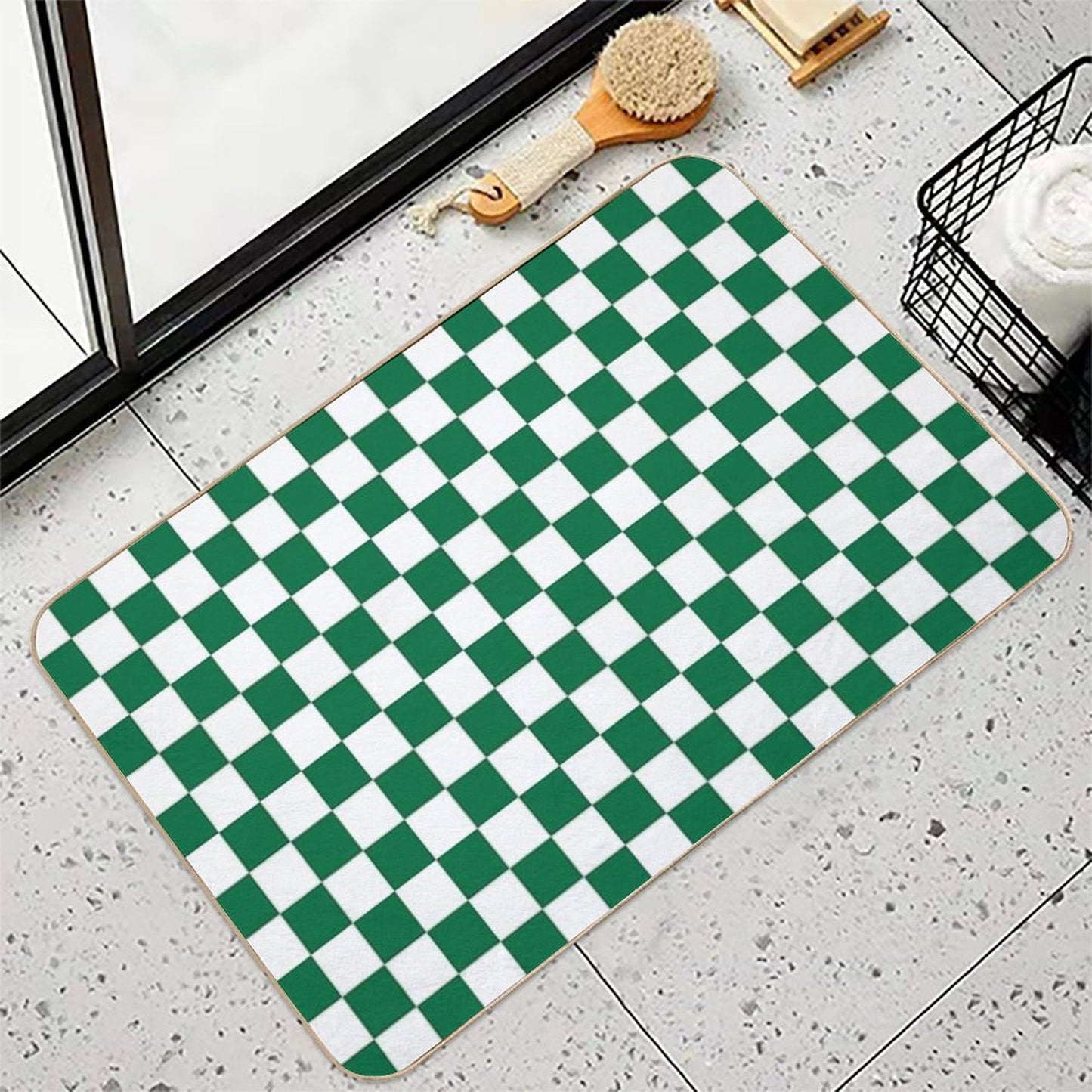 White And Cadmium Green Checkerboard  Repositionable Bath Mat