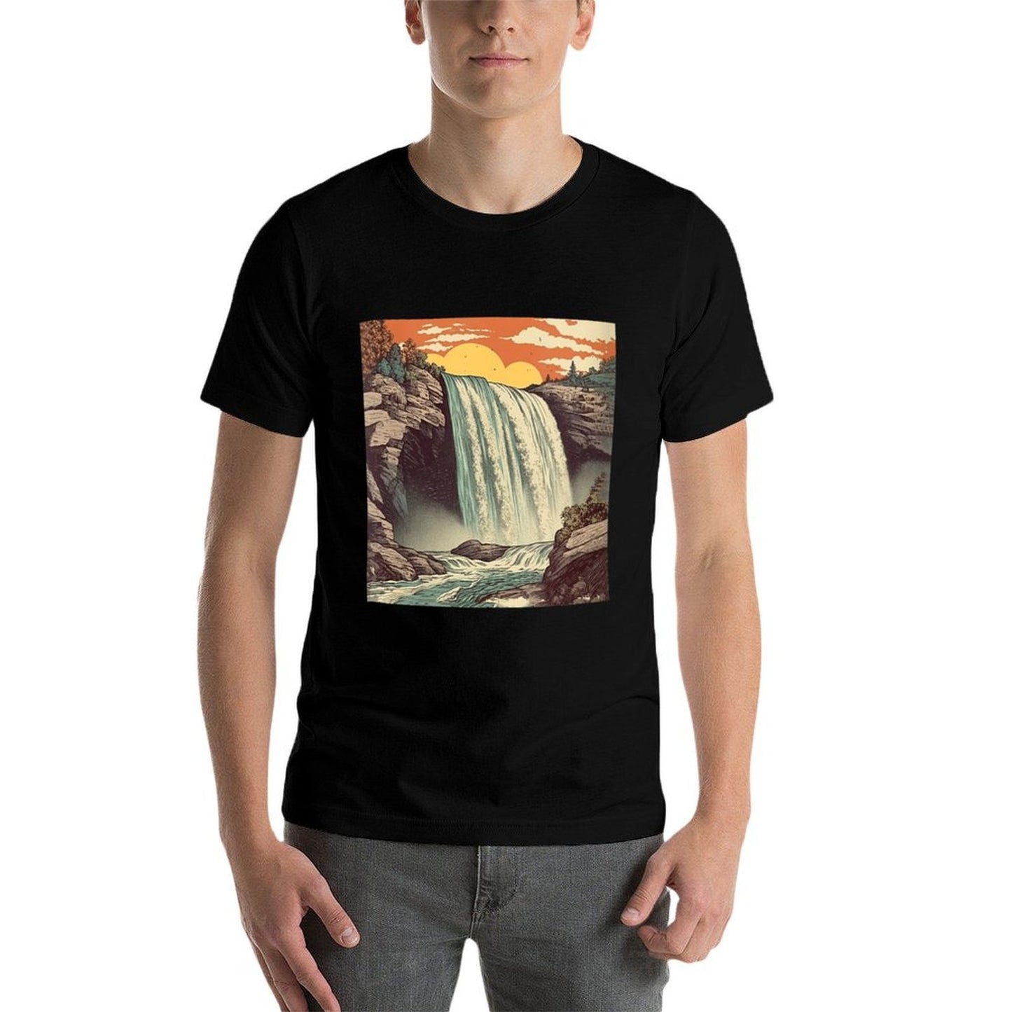 Womens Waterfall Vintage Landscape Graphic  Trendy Pattern T-Shirt