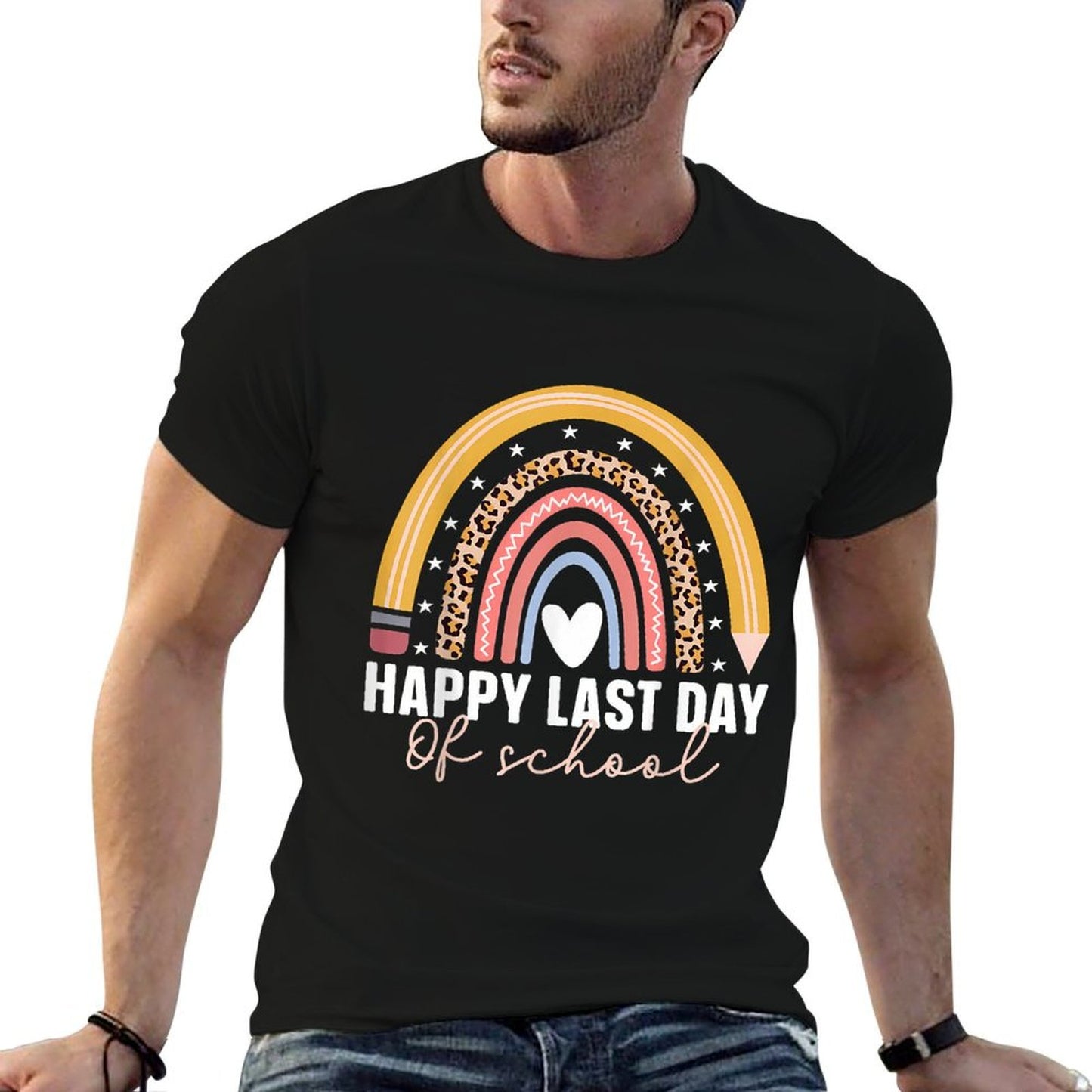 Happy Last Day Of School Rainbow Last Day Teacher  Rolled Sleeves T-Shirt
