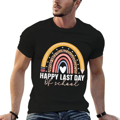 Happy Last Day Of School Rainbow Last Day Teacher  Rolled Sleeves T-Shirt