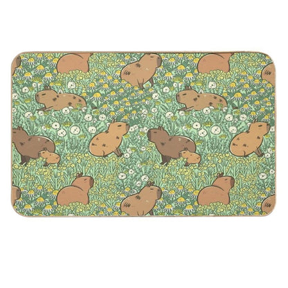 Capybaras Meadow in Green And Yellow  Non-Slip Bath Mat