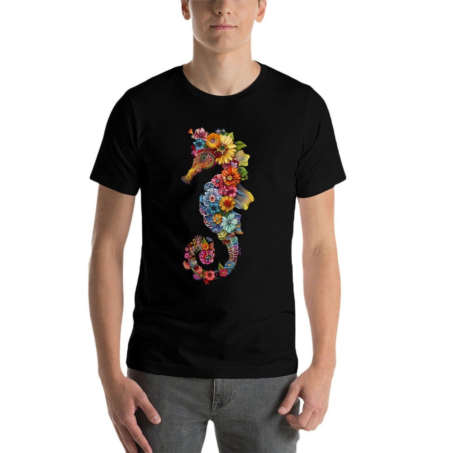 Floral Seahorse Ocean Animal Marine Beach Seahorse Flowers  High-quality Stitching T-Shirt