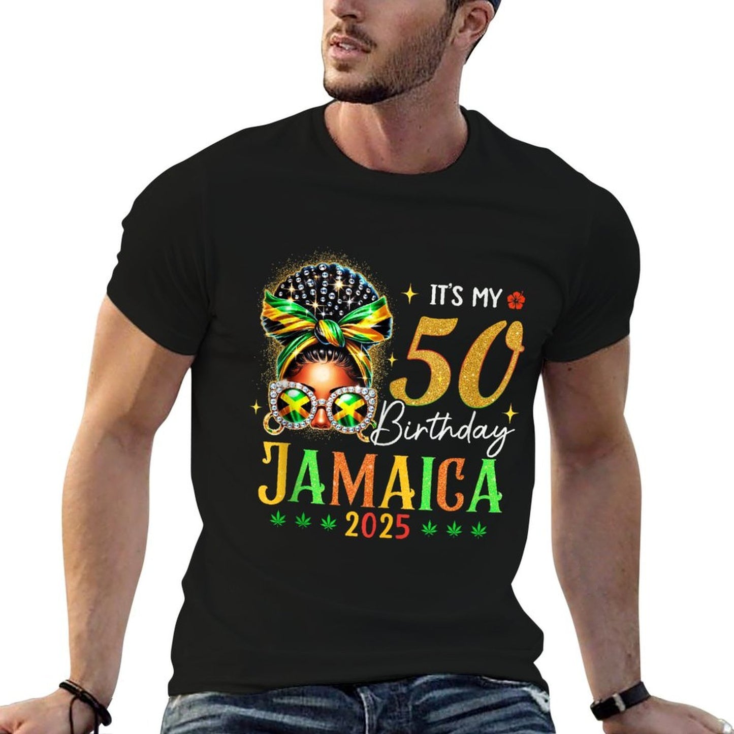 Its My 50th Birthday Party Jamaica 2025 Bow Afro Squad  Polyester Blend T-Shirt