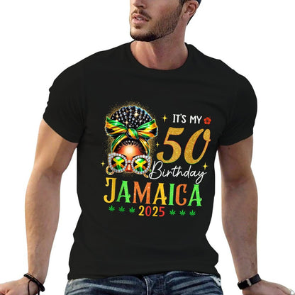 Its My 50th Birthday Party Jamaica 2025 Bow Afro Squad  Polyester Blend T-Shirt