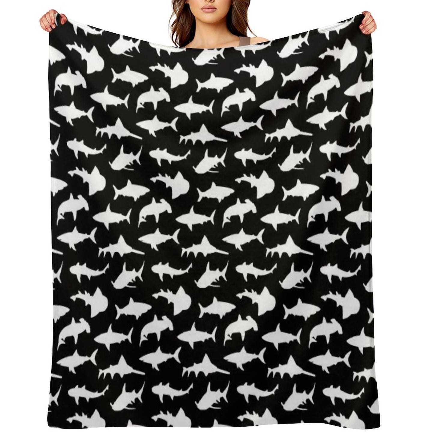 Sharks on Black Machine-washable Throw Blanket