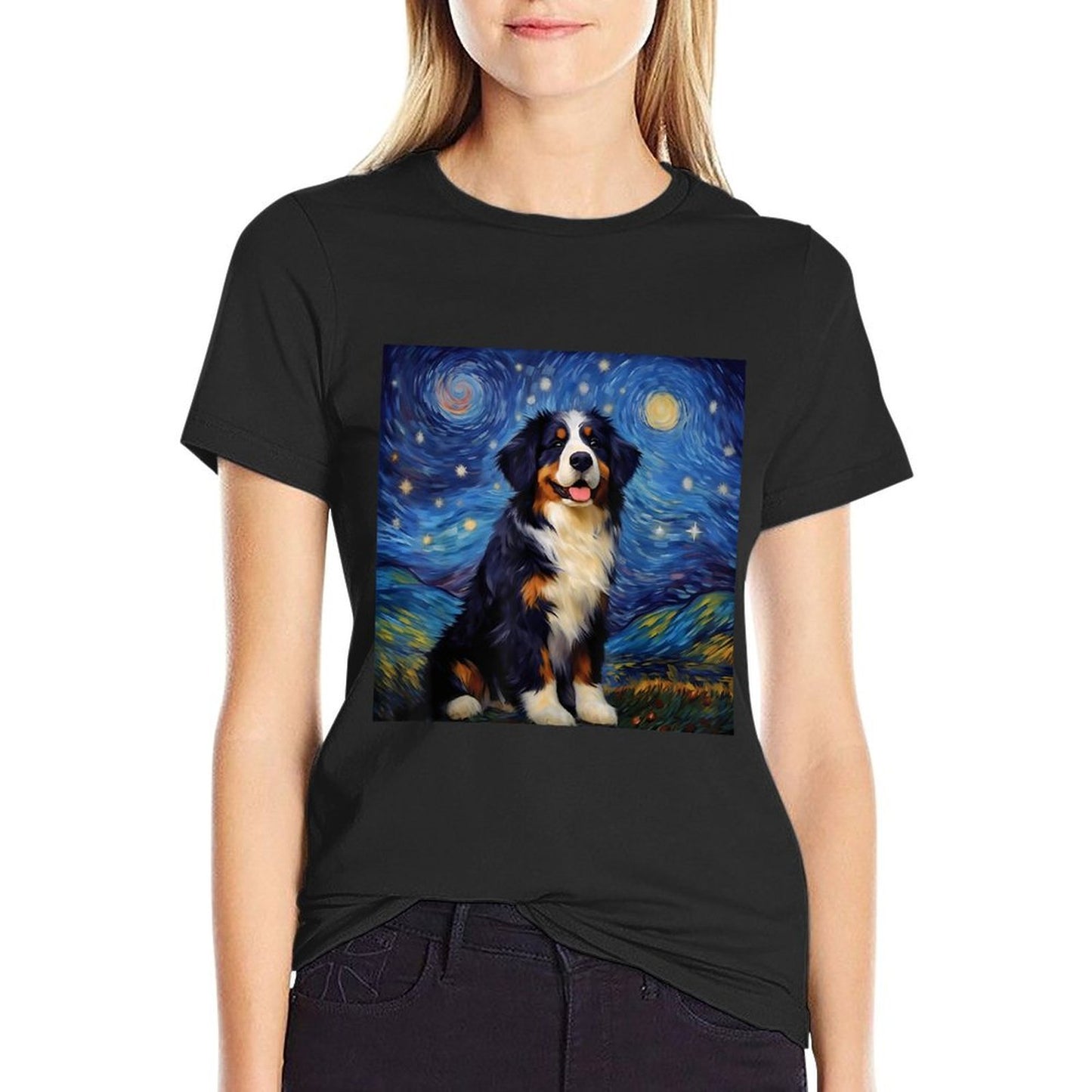 Surreal Starry Night Bernese Mountain Dog  Rolled Sleeves T-Shirt
