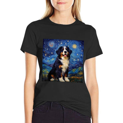 Surreal Starry Night Bernese Mountain Dog  Rolled Sleeves T-Shirt