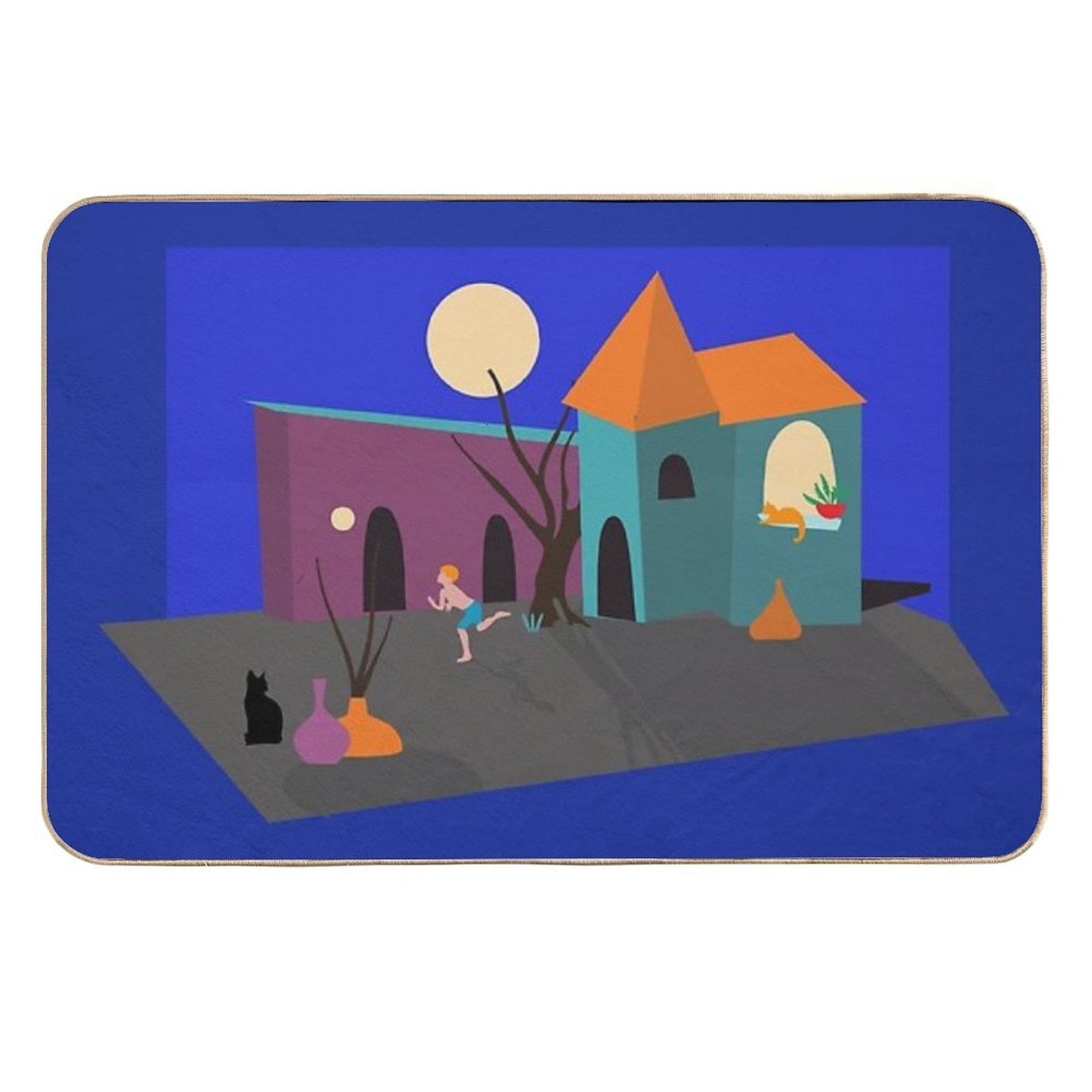 Nighttime Scene with Boy Playing Ball And Cats Watching  High-Traffic Bath Mat