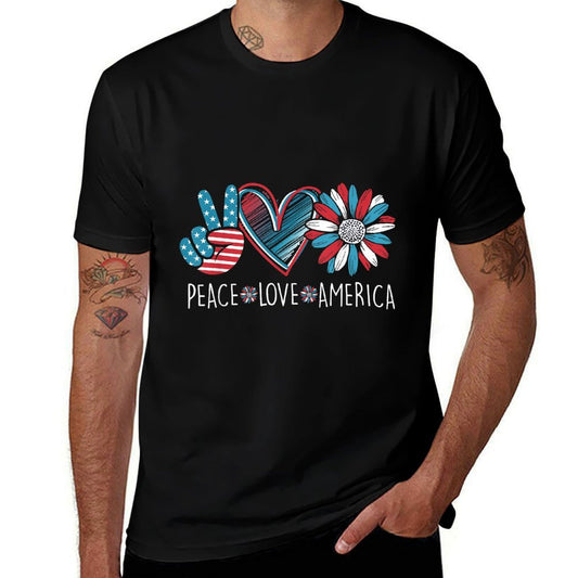 Peace Love America Daisy 4th July Patriotic US American  Ribbed Collar T-Shirt