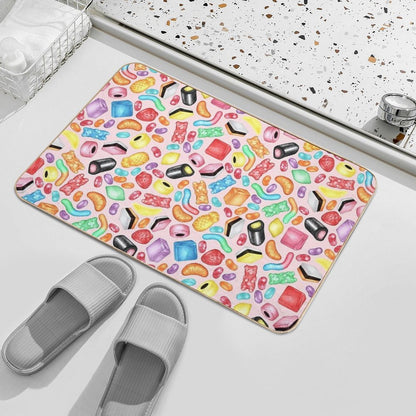 Rainbow Diet - A Colorful Assortment of Hand-drawn Candy on Pale Pink Durable Bath Mat
