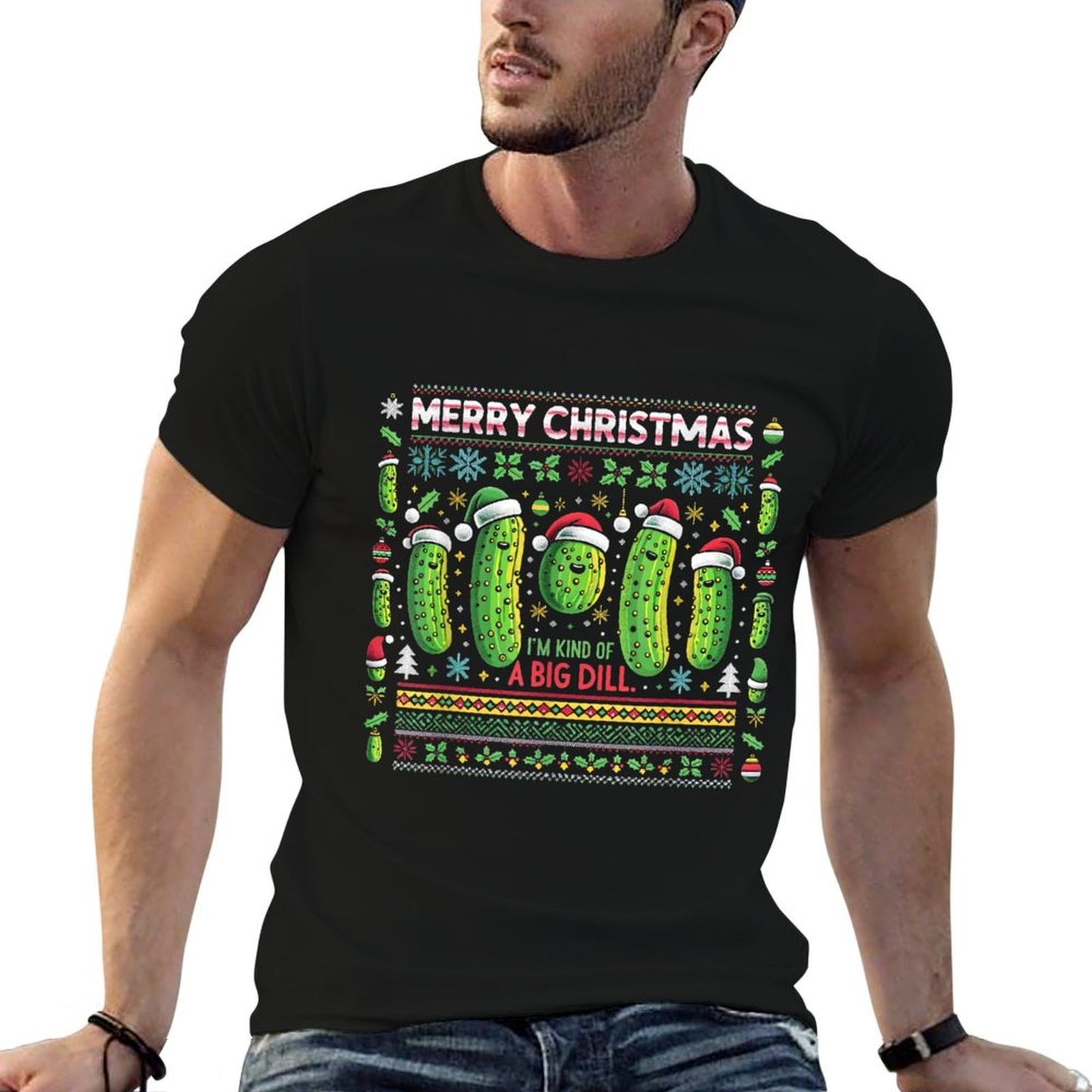 Merry Christmas Ugly Christmas Sweater Big Dill Pickle Funny  Fade-proof Color T-Shirt